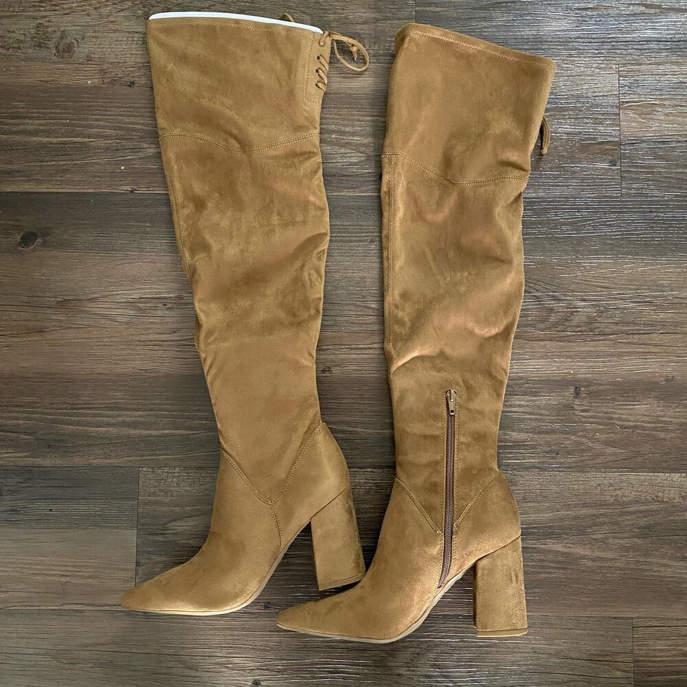 Nine West sz 8.5 brown faux suede chunky high heel boots NWT
